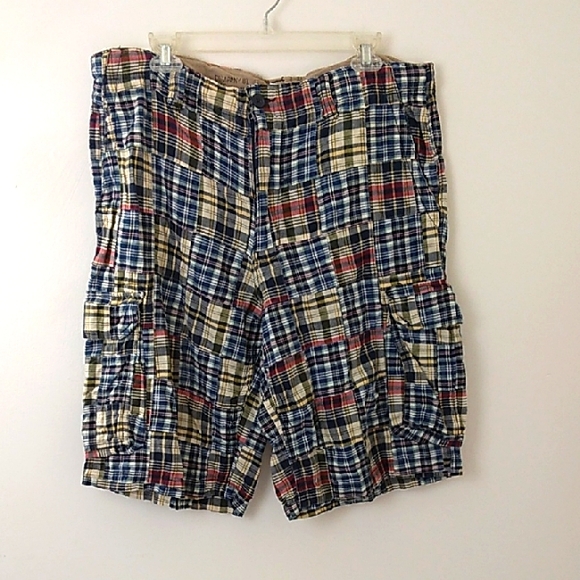 VTG 90's Y2KPlaid Madras‎ Cargo Patchwork Men's Shorts Sz 36 Chino Preppy Cotton - Picture 1 of 7